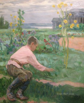 Niño sobre un césped Nikolay Bogdanov Belsky niños impresionismo infantil Pinturas al óleo